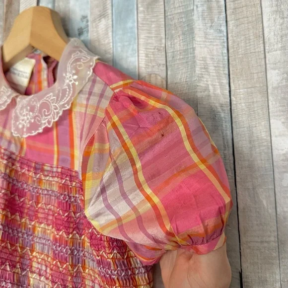 Laura Ashley 5 Vintage Girls Silk Smocked Lace Collar Plaid Dress Play Party - Picture 4 of 9